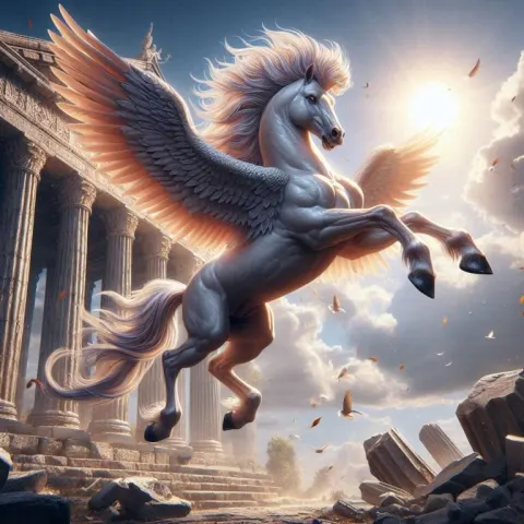 Majestic Pegasus Soars by Ancient Temple
