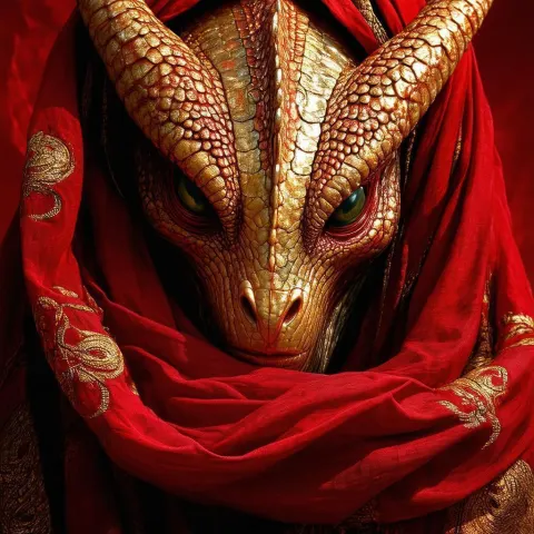 Fierce Medusa in Red and Gold Robes