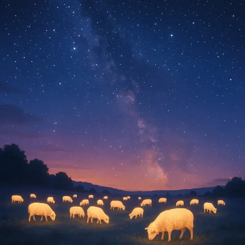 Tranquil Landscape Hosts a Group of Glowing Sheep