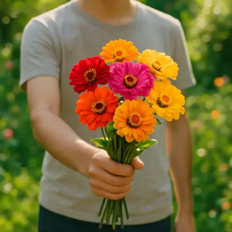 Individual Extends a Vibrant Bouquet of Flowers Toward Someone Meaningful