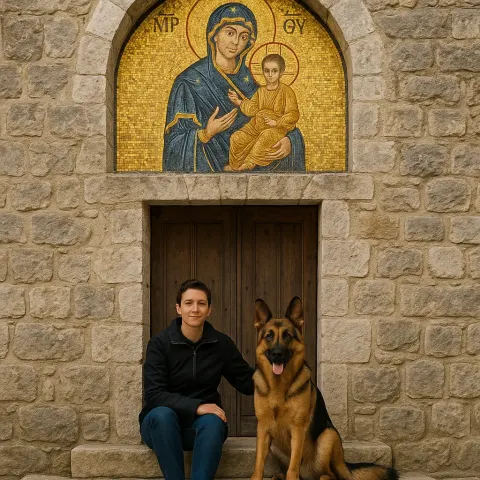 Person Sitting with a German Shepherd in Front