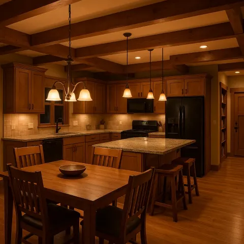Cozy Open-plan Kitchen and Dining Area with Wooden Cabinets
