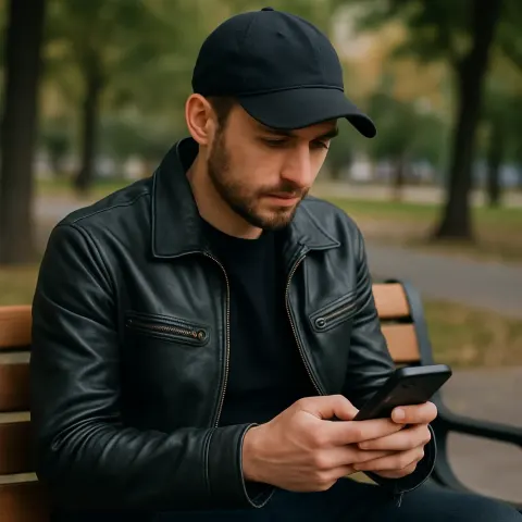 Man in a Leather Jacket and Cap Sits
