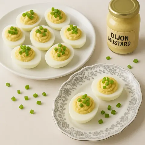Presentation of Deviled Eggs Topped with Chopped Green Onions