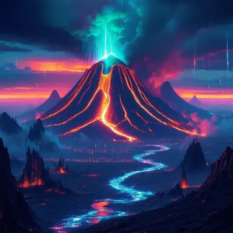 Cybernetic Lava Flows Beneath Neon Skies