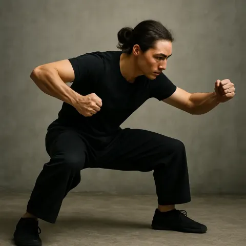 Resolute Individual Depicted in an Energetic Martial Arts Posture