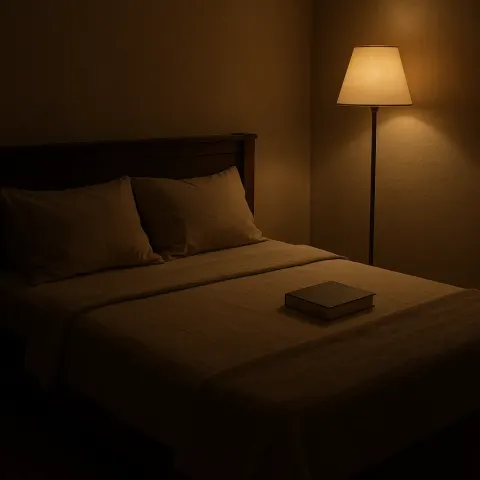 Dimly Lit Bedroom Scene with a Neatly Made Bed