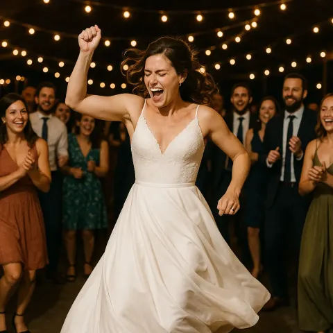 Bride in a White Dress Dances Energetically