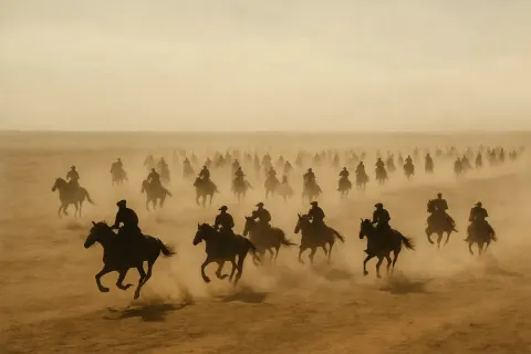 Many Distant Figures on Horseback Gallop Across an Immense