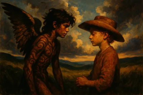 Frazetta-style Winged Teenager in Earthy Tribal Patterns Shares a Gaze