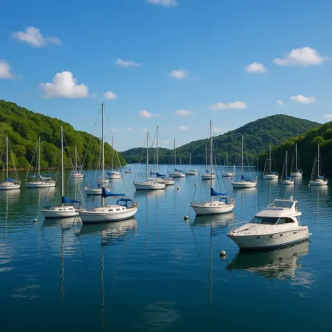 Peaceful Harbor Filled with Sailboats and Yachts Surrounded