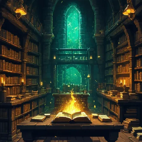 Pixelated Wizard Study Glowing With Ancient Tomes