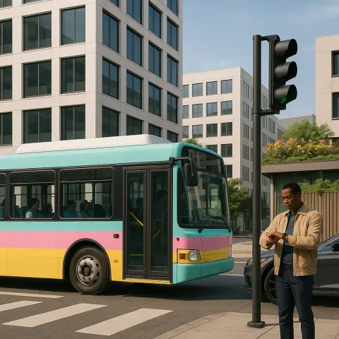 Public Bus Painted in Lively Pastel Tones Travels Along