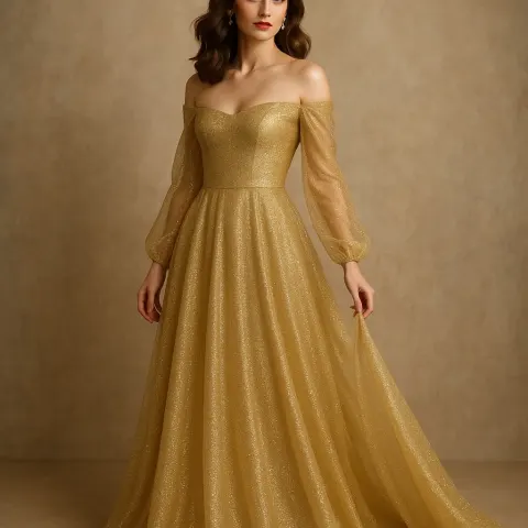 Woman Wearing a Shimmering Off-shoulder Gold Gown with Long Sheer