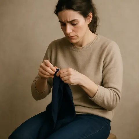 Woman Sits on a Wooden Stool