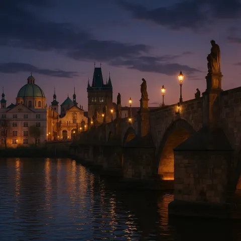 Evening Scene at Charles Bridge in Prague