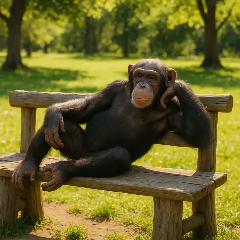 Chimpanzee Relaxing on an Old Wooden Bench