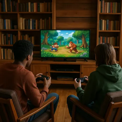 Two People Are Sitting in Chairs Playing Video Games