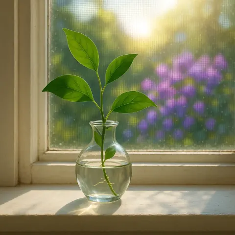 Glass Vase with a Green Plant Cutting Sits