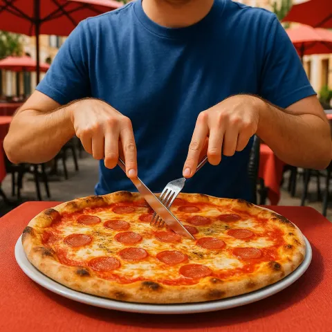 Person Wearing a Blue T-shirt Cuts into a Large Pizza