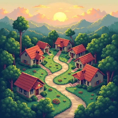 Isometric Pixel Kerala Village at Dusk