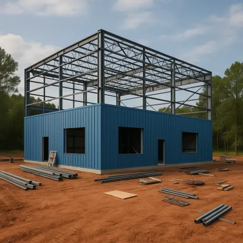 Partially Constructed Blue Industrial Building with Exposed Steel Framework