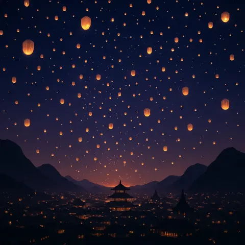 Innumerable Glowing Paper Lanterns Drift Upwards