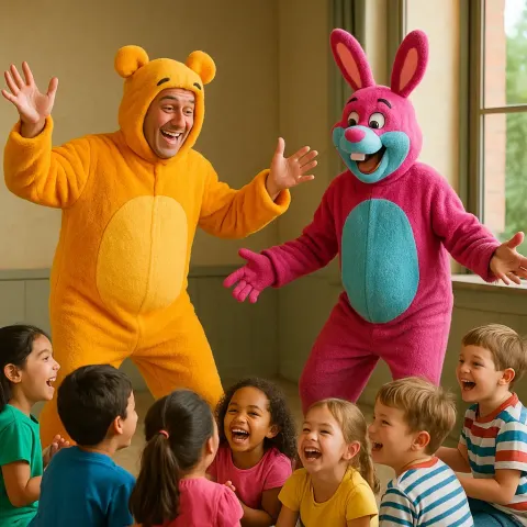 Pair of Men Dressed in Vibrant Animal Costumes Entertaining