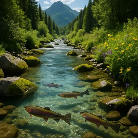 Tranquil Stream Flows Softly Through the Mountains