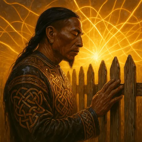Soul-patched Indigenous Individual in Norse Knotwork Attire Touches