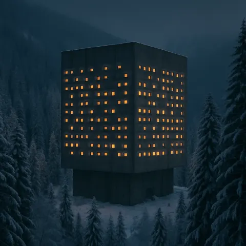 Numerous Tiny Windows Glow Warmly from a Massive