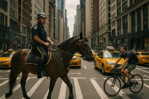 Bustling Urban Street Scene Featuring a Mounted Police Officer