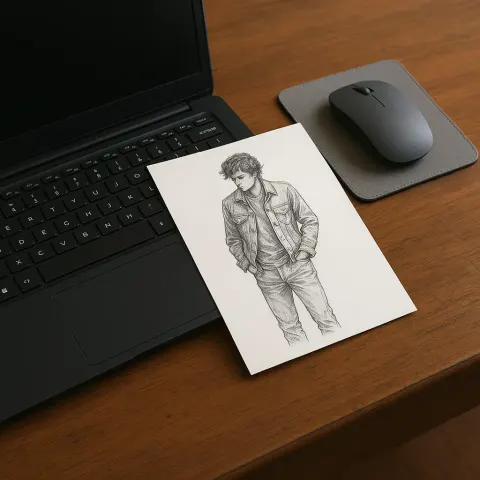Polished Wooden Desk Holds a Sleek Black Laptop