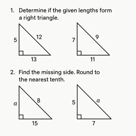 Worksheet Titled "The Pythagorean Theorem" with Diagrams of Triangles Labeled