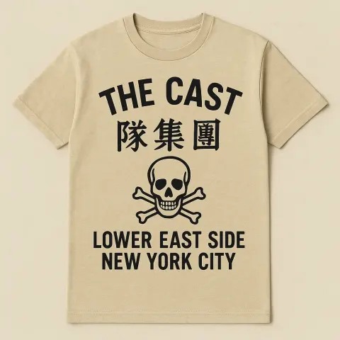 Beige T-shirt Featuring Black Text That Reads "THE CAST"