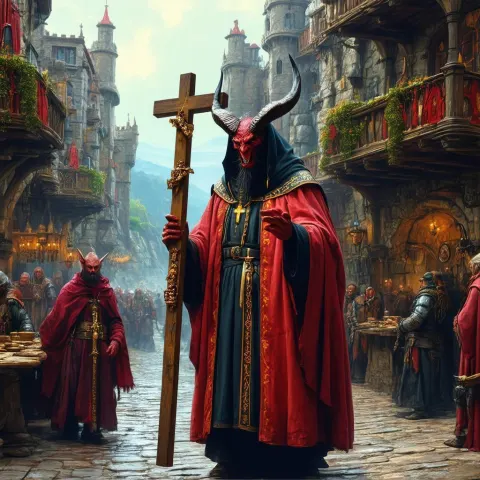 Horned Demon Cleric Preaching in Fantasy City