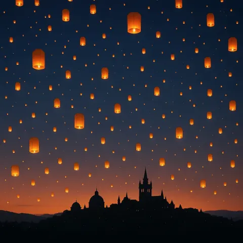 Countless Flickering Lanterns Ascend into a Twilight Sky