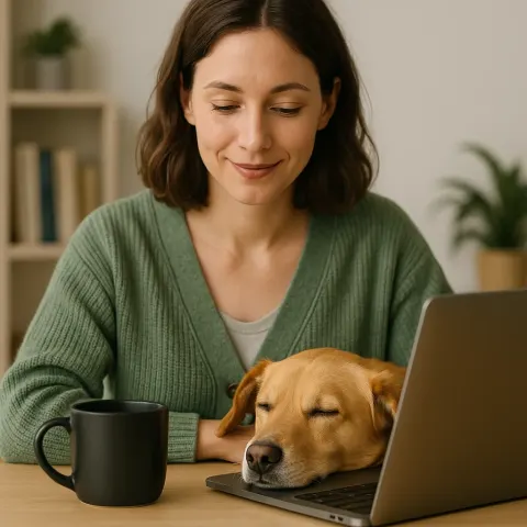 Woman Wearing a Green Cardigan Sits at a Desk