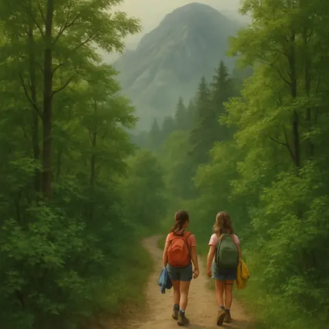 Two Young Girls Are Making their Way Along a Meandering