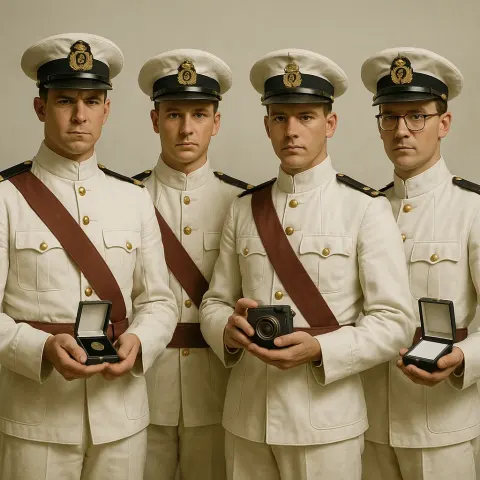 Men Dressed in White Military Uniforms with Maroon Sashes Holding