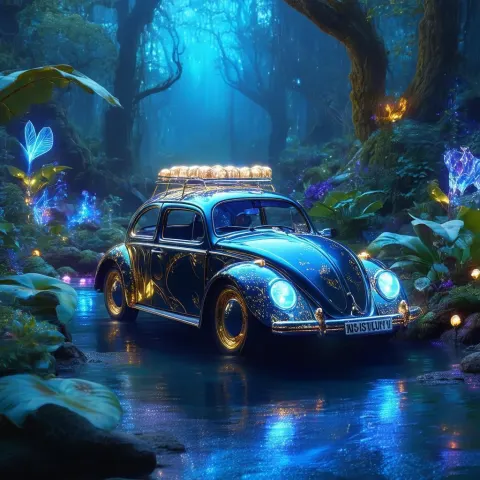 Glowing VW Beetle Afloat in Fantasy Land