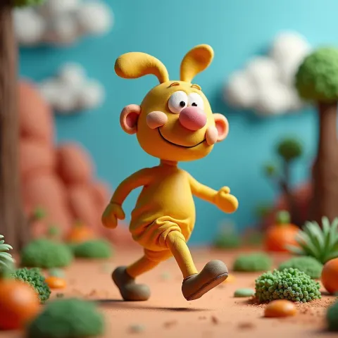Whimsical Claymation Figure Bouncing Through Color
