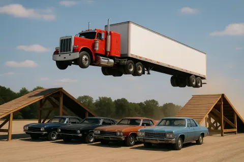 Crimson Semi-truck Pulling its Trailer Is Seen Flying
