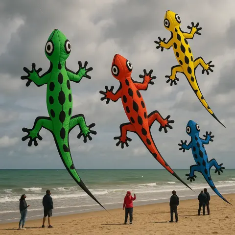People Are Flying Large Colorful Lizard-shaped Kites on a Sandy