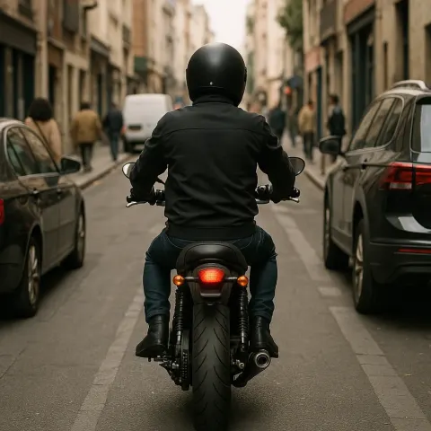 Motorcyclist Wearing a Helmet Rides Down a Narrow Urban Street