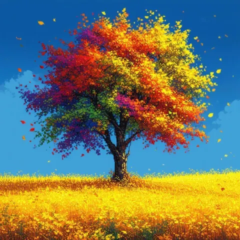 Pixel Autumn Tree on Bright Yellow Field