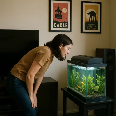 Woman Bends Slightly near an Aquarium in a Room