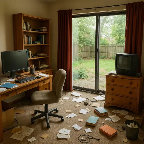 Cluttered Home Office with Wooden Furniture
