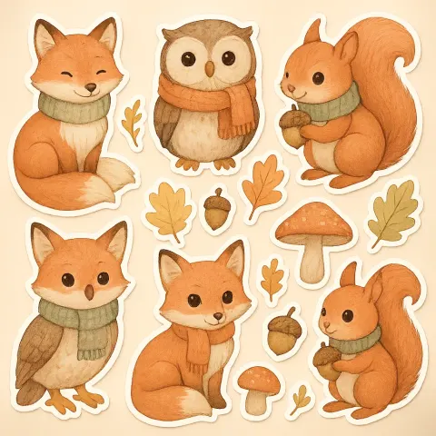 Set of Charming Stickers Featuring Illustrated Forest Animals Like Foxes