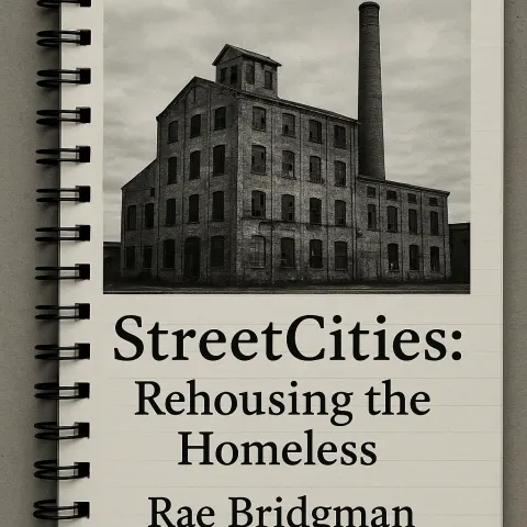 Notebook-style Book Cover Featuring an Old Industrial Building